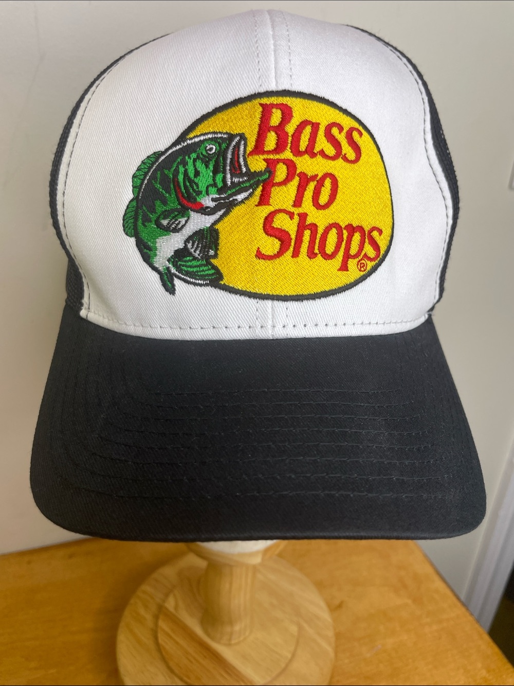 Bass Pro Shops White and Black Trucker Hat with Embroidered Bass Logo